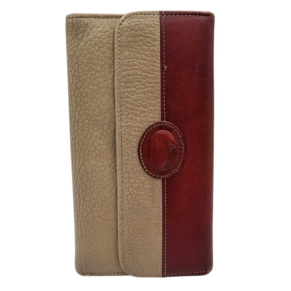 Vintage Dooney & Bourke Tan Pebbled Leather Tri Fold Wallet Burgundy and Cream